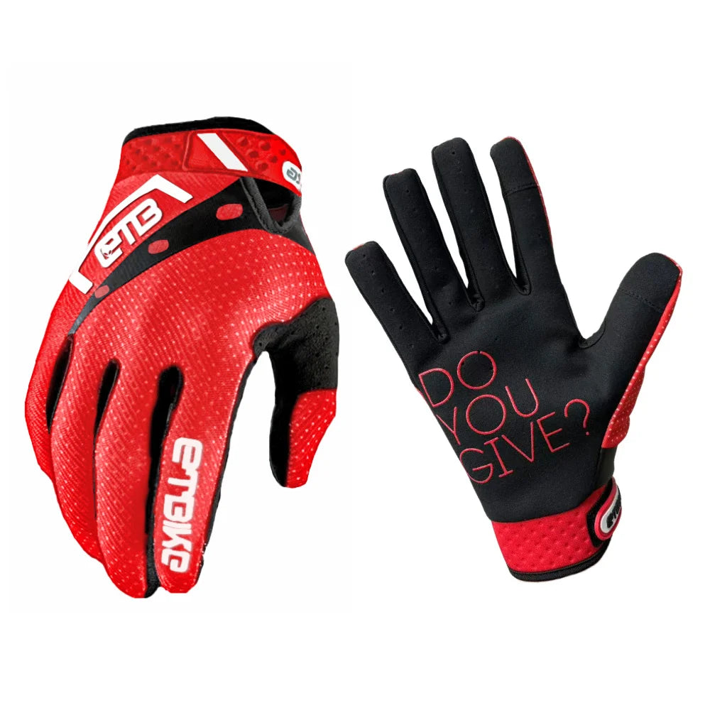 A pair of red and black durable riding gloves for motorcycle and off-road sports