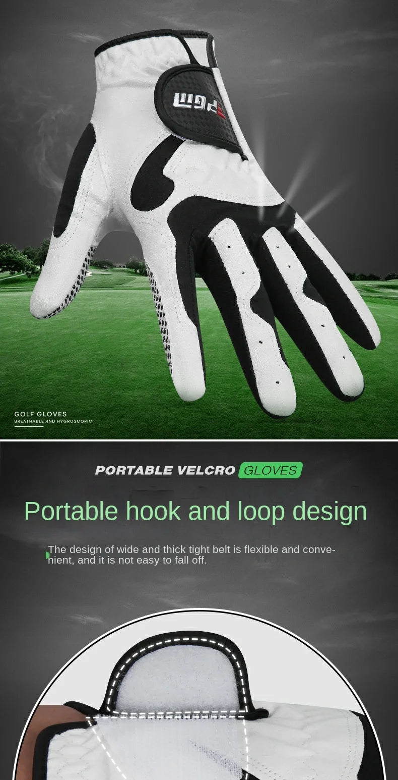 A close-up view of a white and black glove with a hook and loop design resting on a green golf course.
