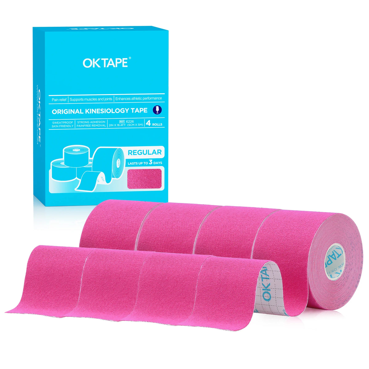 Box and roll of pink OKTAPE kinesiology tape for athletic recovery