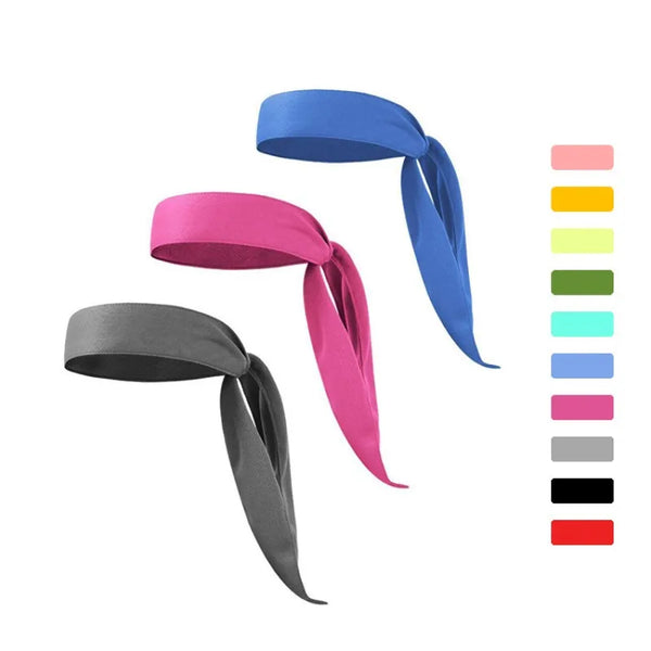 A set of adjustable sports headbands in blue, pink, and gray colors.