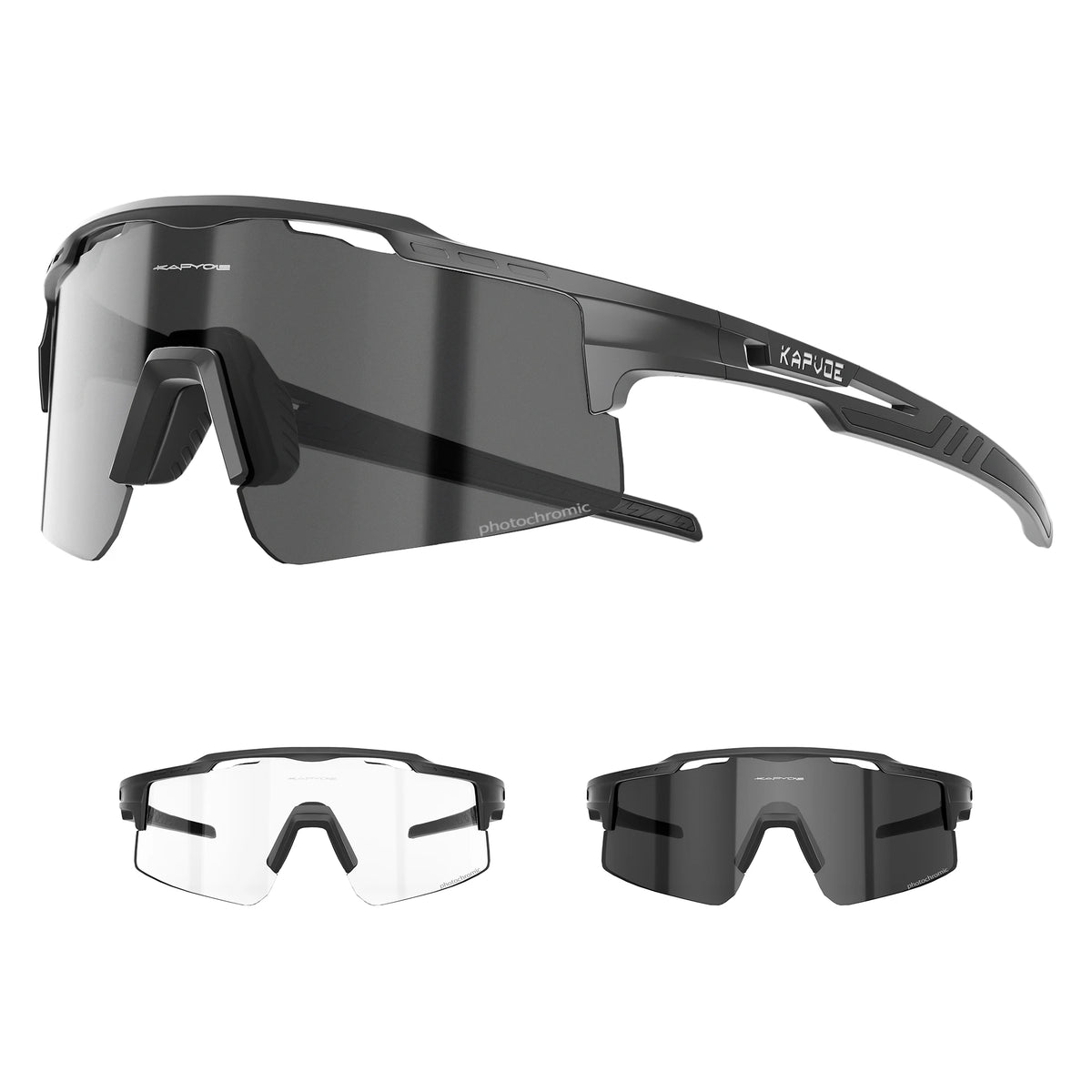 A pair of black photochromic cycling sunglasses with a flexible frame and lens.