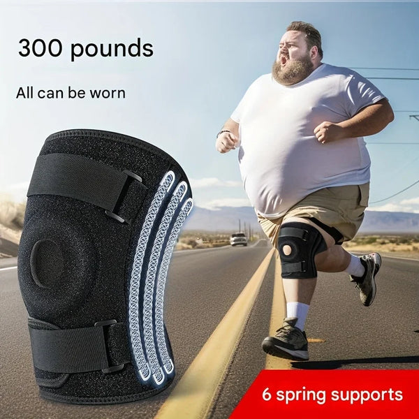 A man wearing a black knee brace while running on a road, with text indicating 300 pounds and 6 spring supports.