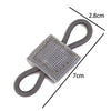 A gray tactical antenna binding buckle with a woven fabric strap and loop, shown with dimension lines.