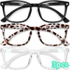 A set of three pairs of square frame blue light blocking glasses in black, tortoiseshell, and clear.