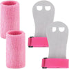 Two pink and gray gymnastics wristband grips for hand protection and grip enhancement