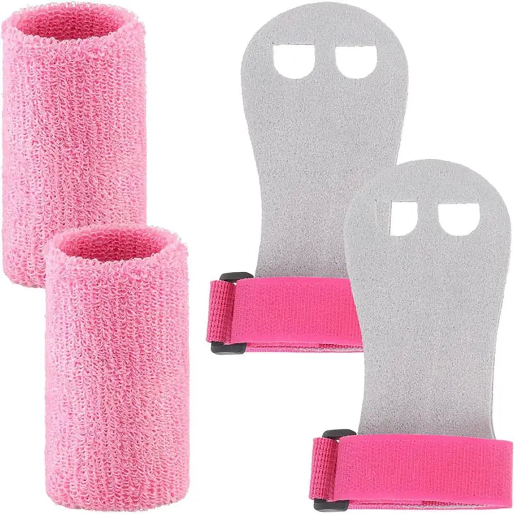 Two pink and gray gymnastics wristband grips for hand protection and grip enhancement