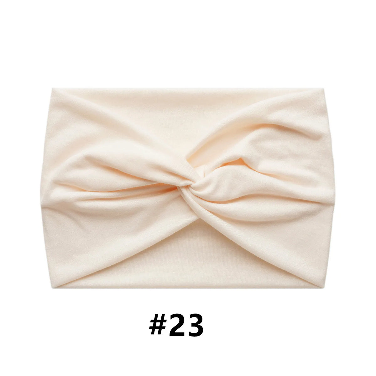 A light pink, ruched fabric headband is shown folded, labeled #23.
