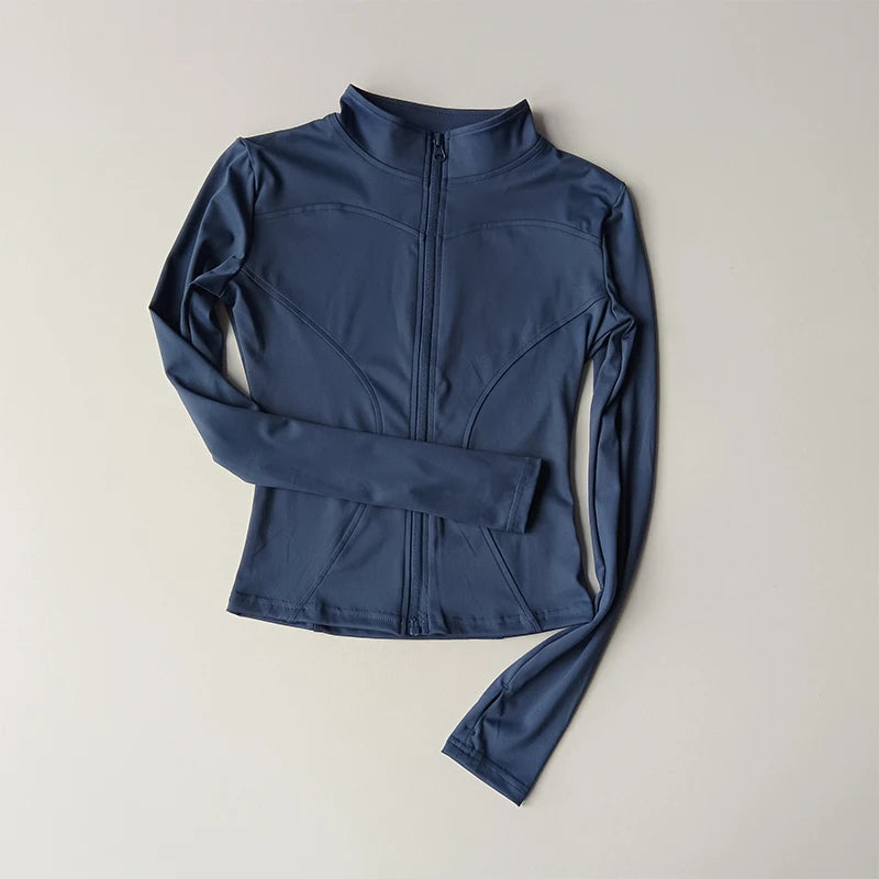 A navy blue long-sleeved zip-up jacket for yoga and fitness.