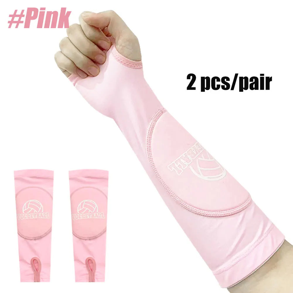 Pink padded volleyball arm sleeves shown on a hand and individual sleeves.