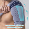 A hand is adjusting a blue and gray adjustable shoulder support brace on a person's arm.