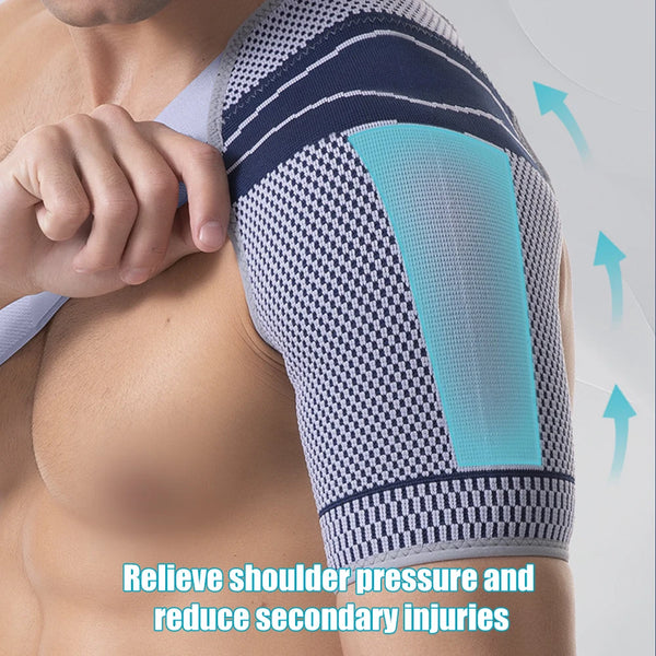 A hand is adjusting a blue and gray adjustable shoulder support brace on a person's arm.