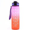 An orange insulated sports water bottle with a purple lid and time markers on the body.