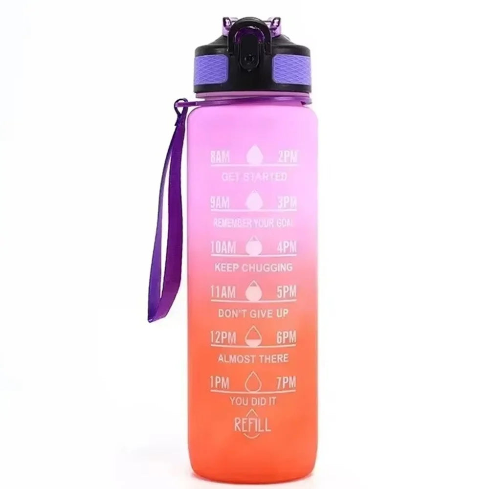 An orange insulated sports water bottle with a purple lid and time markers on the body.