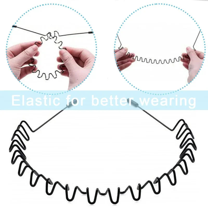 A black elastic hair band is shown being stretched and demonstrated for better wearing.