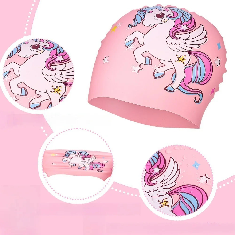 Pink silicone swimming cap featuring a cartoon unicorn design for kids ear protection