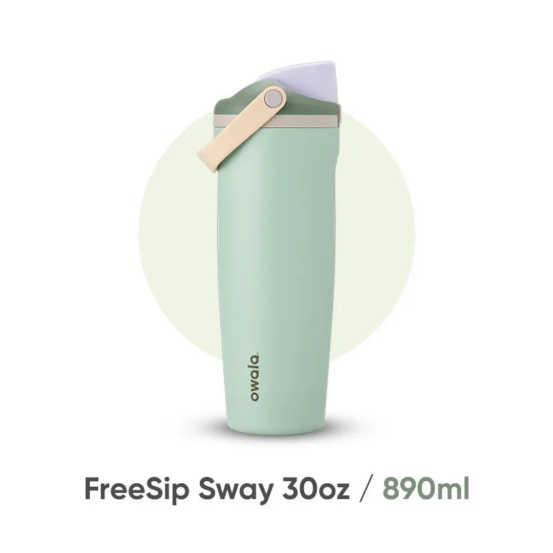 A light mint green FreeSip Sway 30oz travel mug with a beige lid shown vertically.