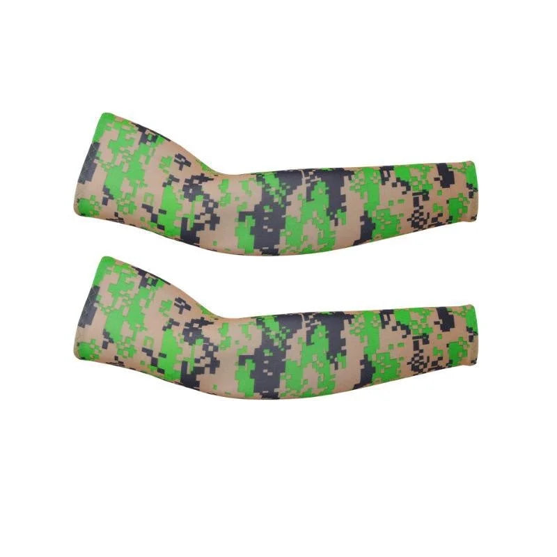 A pair of unisex cooling arm sleeves featuring a camouflage pattern of green and brown.