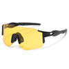 A pair of yellow-tinted, adjustable square sunglasses with black frames.