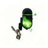 Black clip-on fishing bite alarm with a green LED flash and metal clip.