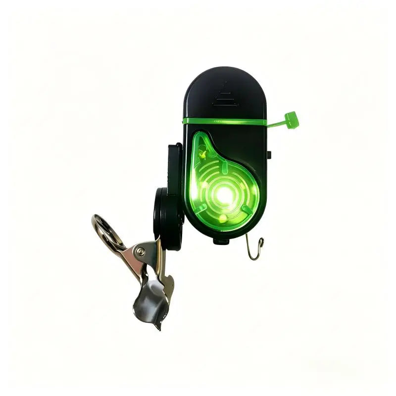 Black clip-on fishing bite alarm with a green LED flash and metal clip.