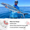 A man holds a large fish while standing on a boat with fishing tackle and various fish species listed for use.