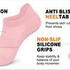 Pink yoga and fitness socks featuring mesh ventilation, arch support, anti blister heel tab, and non-slip silicone grips.