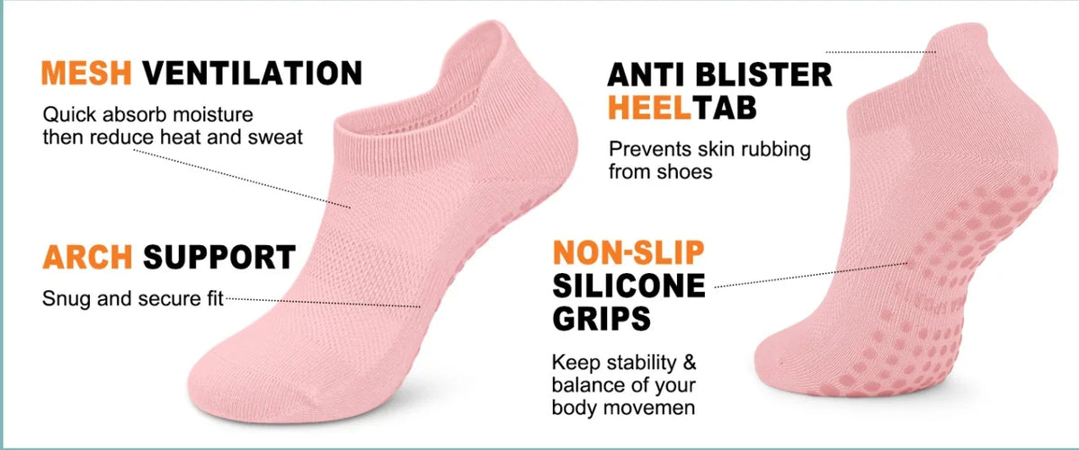 Pink yoga and fitness socks featuring mesh ventilation, arch support, anti blister heel tab, and non-slip silicone grips.