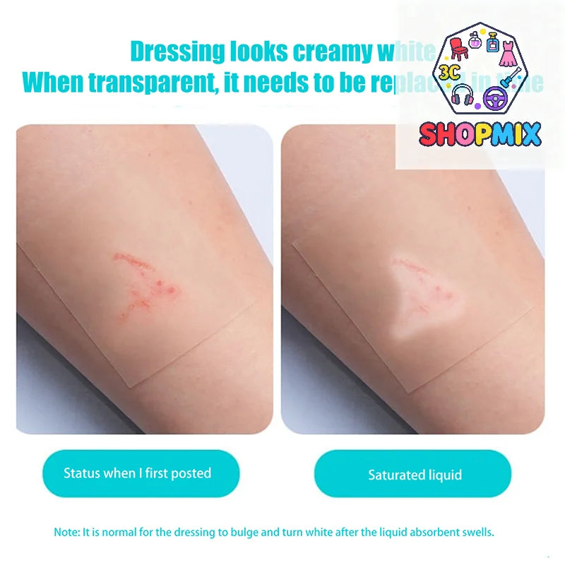 Close-up comparison showing a dressing on skin before and after liquid absorption, demonstrating its ability to absorb fluid.