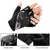 Black breathable half-finger cycling and fitness gloves with a sport logo on the palm