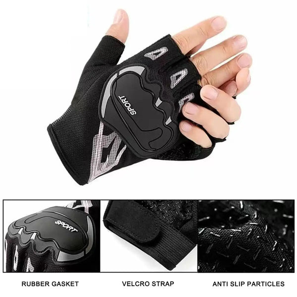 Black breathable half-finger cycling and fitness gloves with a sport logo on the palm