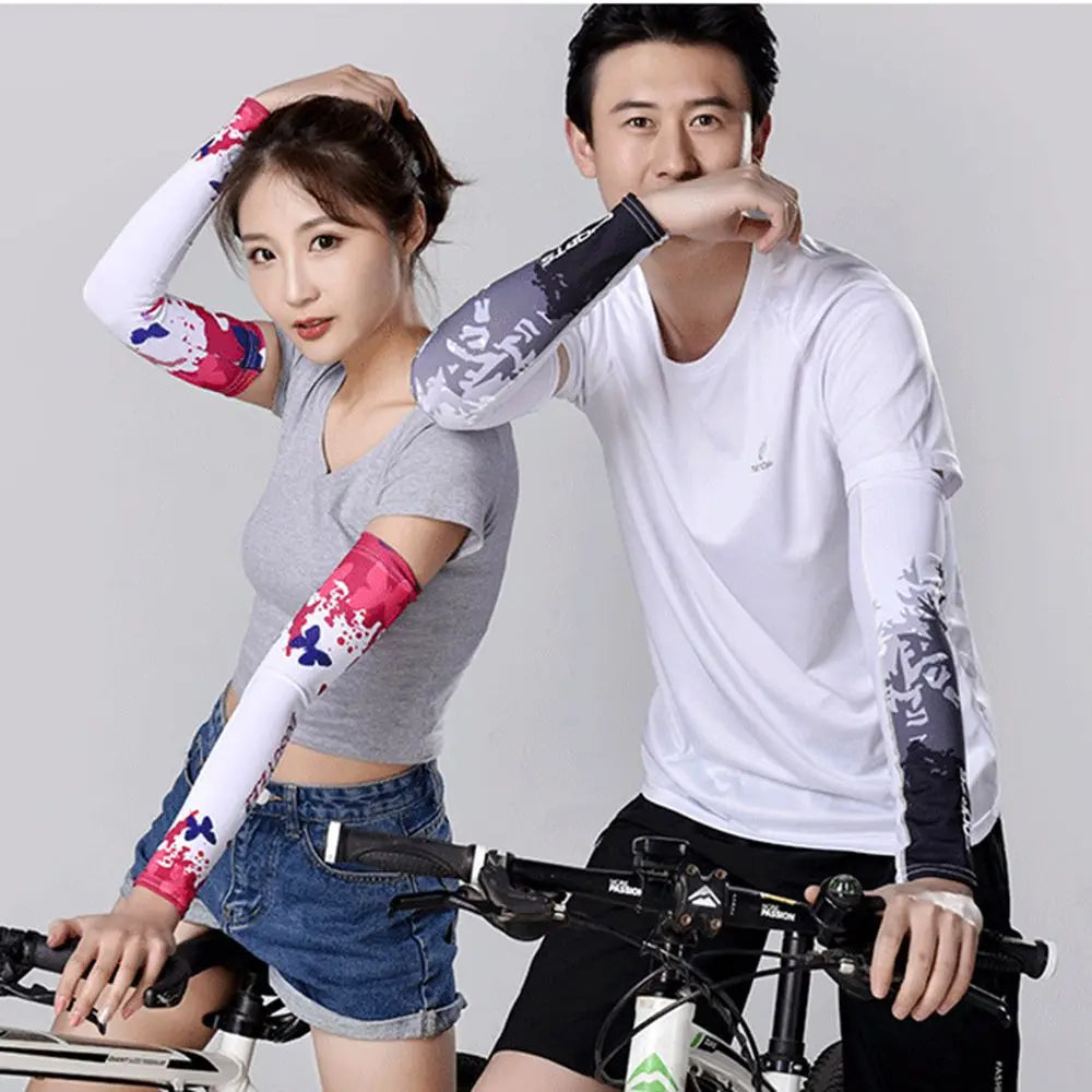 A woman and a man modeling a pair of purple and white cooling UV protection arm sleeves.