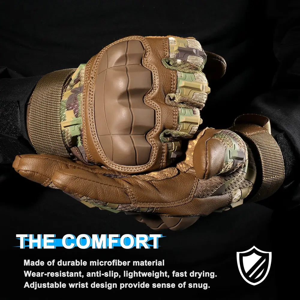 Brown tactical finger gloves made of microfiber material with an adjustable wrist design.