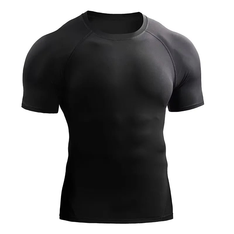 Black men's quick-dry compression running t-shirt shown from the front.