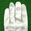 A close-up view of a white microfiber men's golf glove resting on green grass.