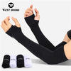 Black fingerless arm sleeves displayed on a hand and arm, showing various sizes.