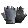 A pair of black and gray breathable anti-slip gym workout gloves shown against a white background.