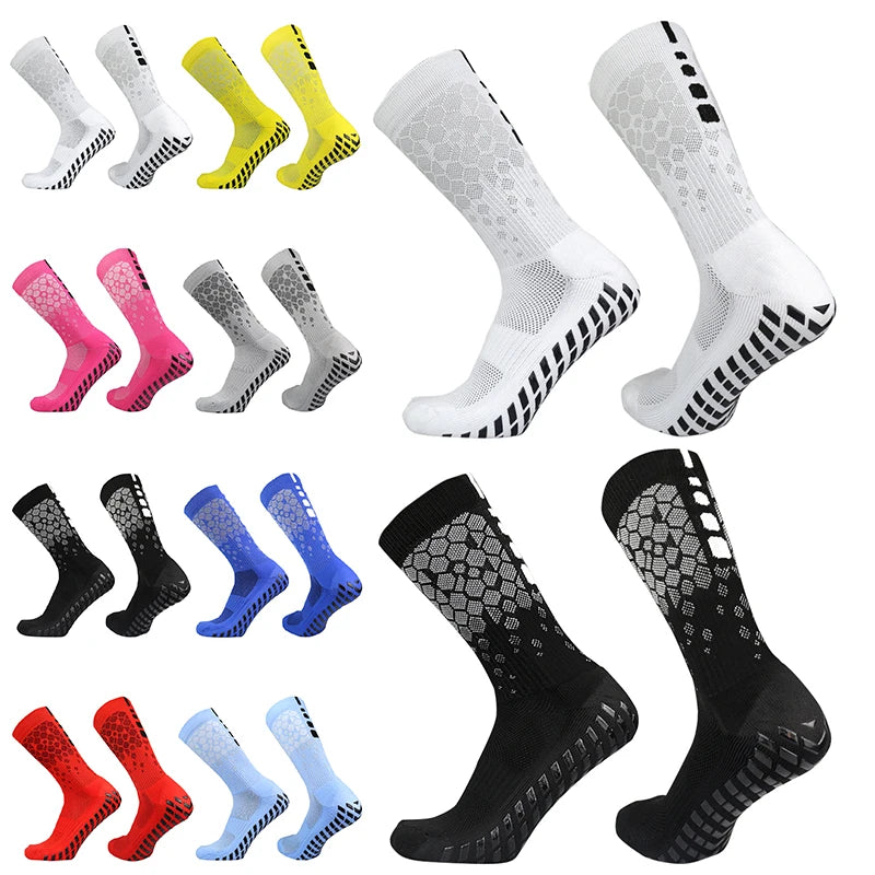 A collection of honeycomb grip football socks in various colors and patterns.