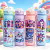 Four colorful cartoon character water bottles with carrying straps displayed on a white surface.