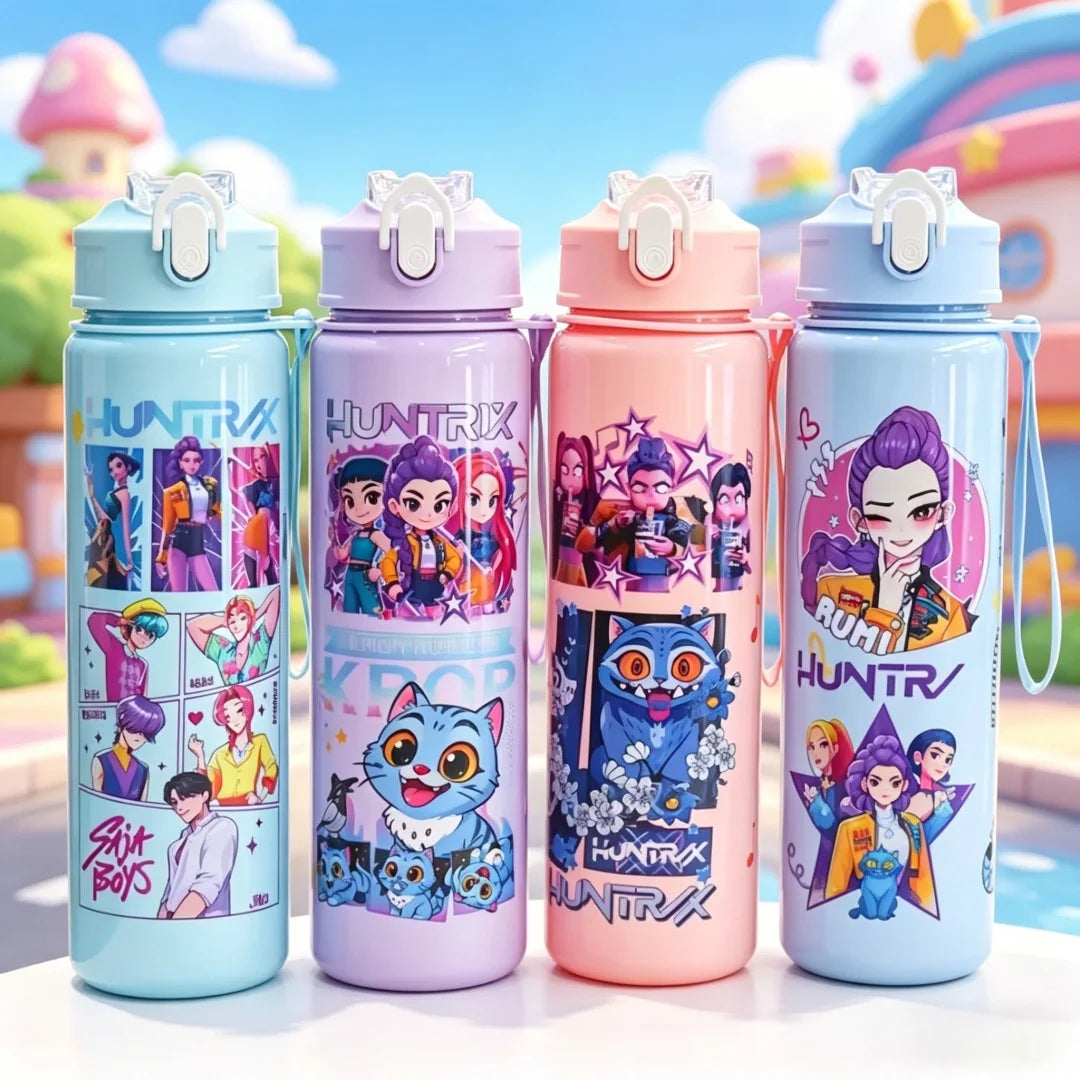 Four colorful cartoon character water bottles with carrying straps displayed on a white surface.