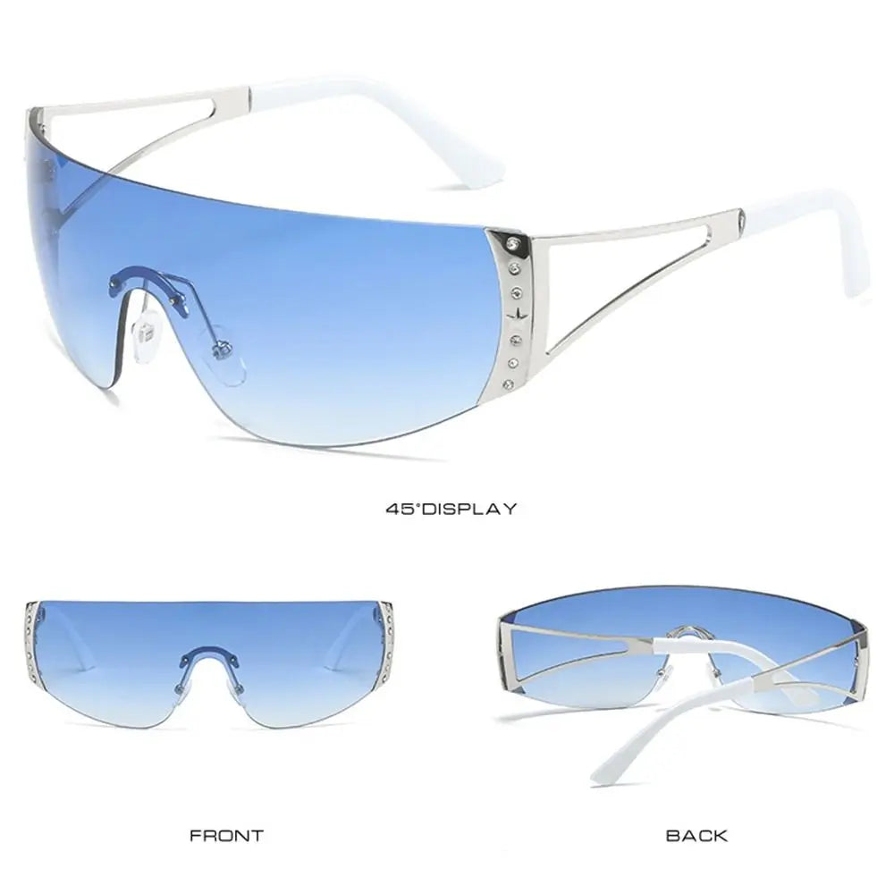 Y2K futuristic gradient sunglasses shown from the front and back views