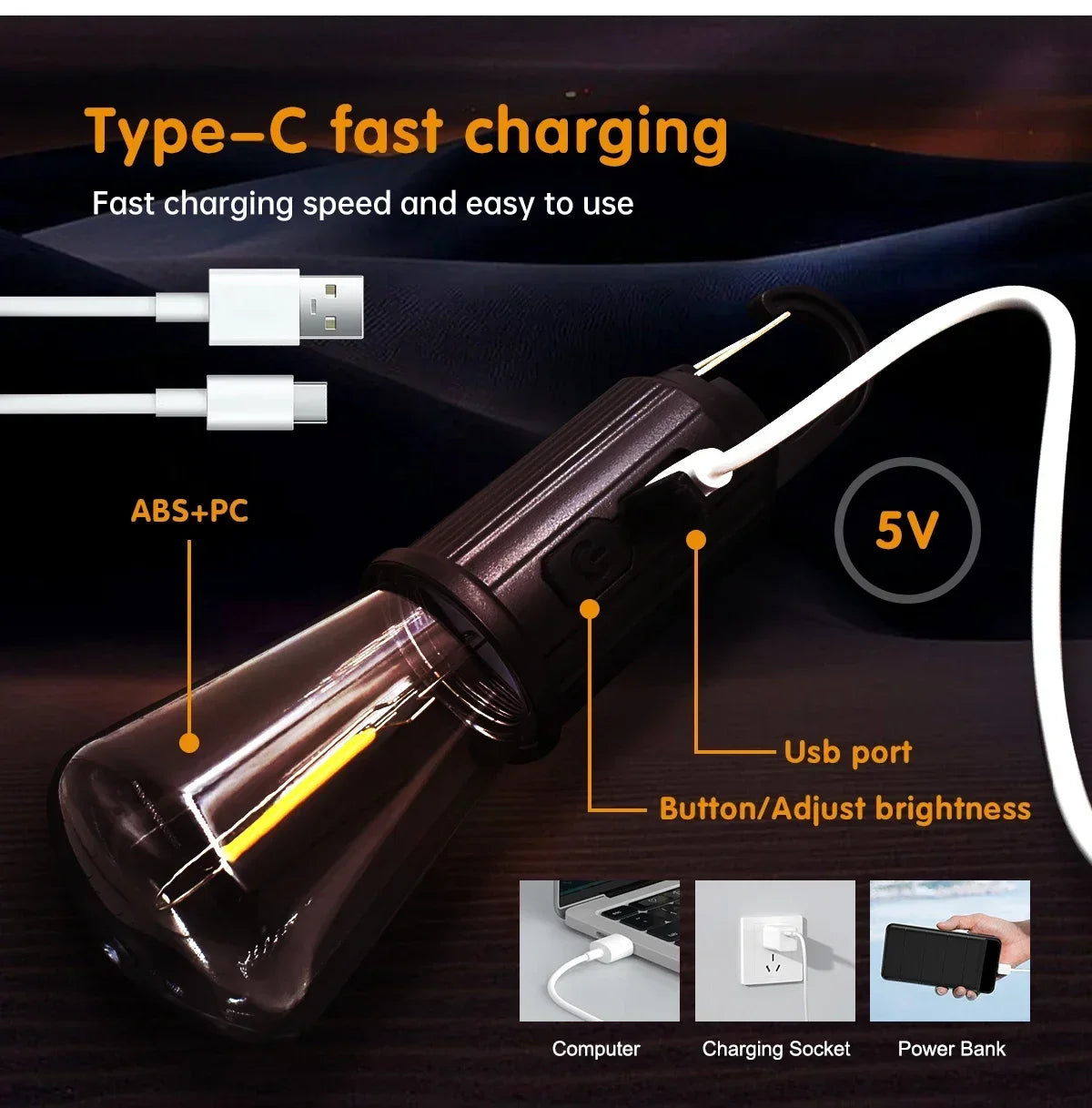 A Type-C fast charging LED camping lantern with an ABS+PC light bulb and USB port shown next to a computer, charging socket, 