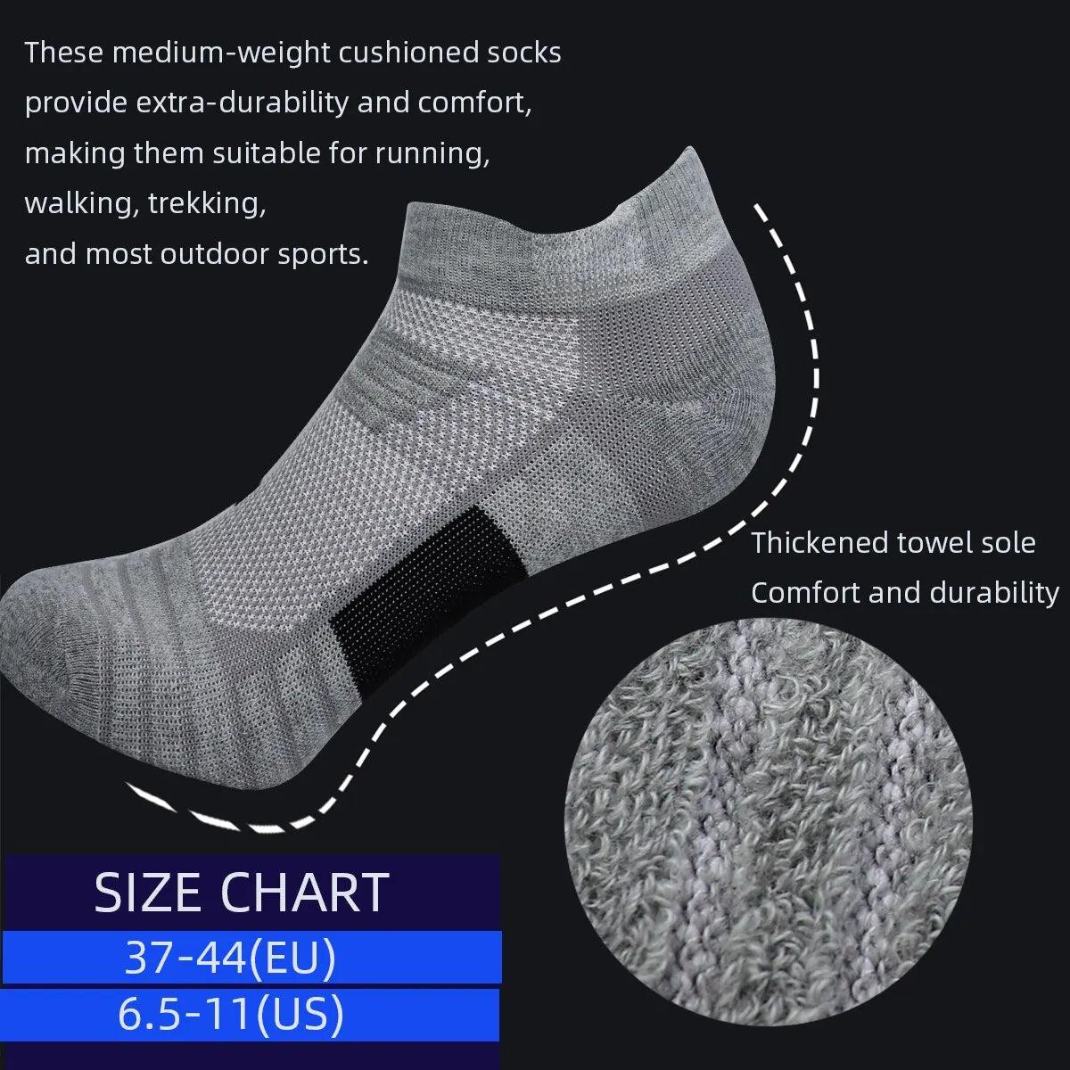 Gray medium-weight cushioned socks with a thickened towel sole shown next to a size chart.