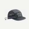 A dark gray mesh baseball cap with light gray text on the front