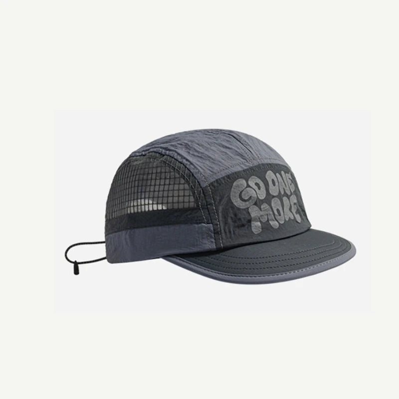 A dark gray mesh baseball cap with light gray text on the front