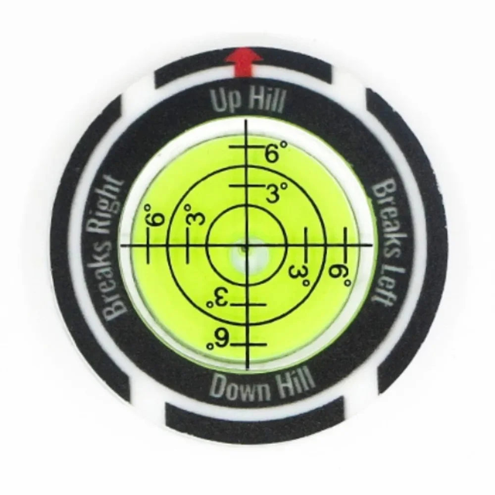 A precision golf ball marker and slope meter with a circular dial showing up hill and down hill angles.