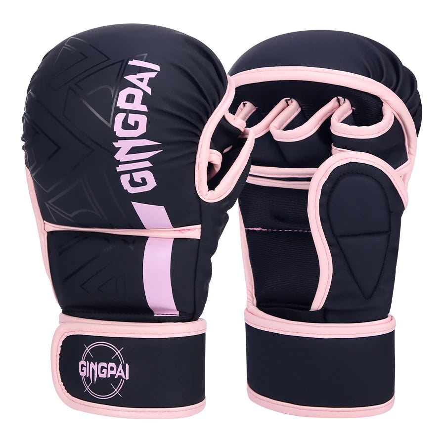 Ein Paar schwarze und rosa professionelle MMA-Trainings-Boxhandschuhe, oben aufgenommen.