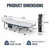 Portable foldable camping cot with a padded mattress shown with dimensions and weight capacity.
