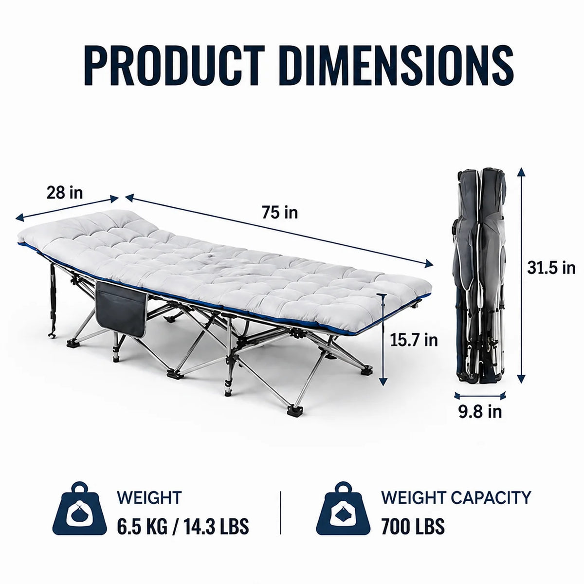 Portable foldable camping cot with a padded mattress shown with dimensions and weight capacity.