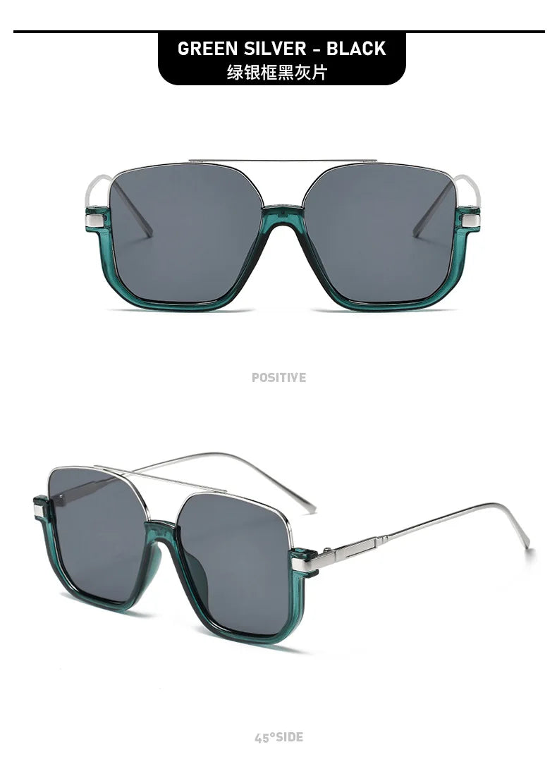 Green silver-black double beam sunglasses shown from the front and side views.