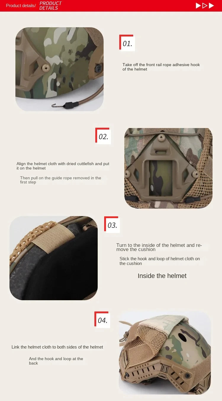 Step-by-step instructions showing how to attach a tactical helmet cover for airsoft or paintball